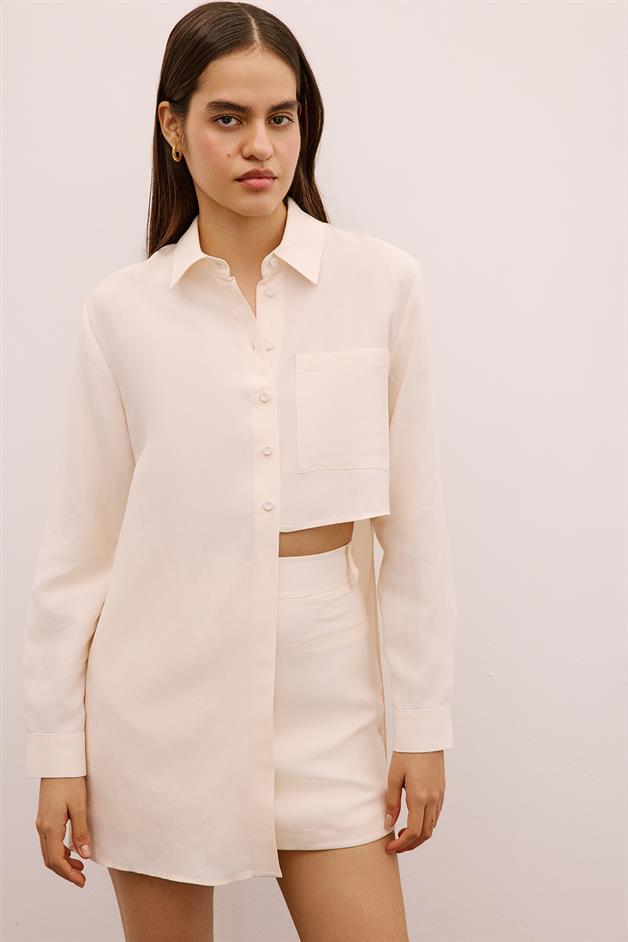 Asymmetric Detailed Long Ecru Shirt
