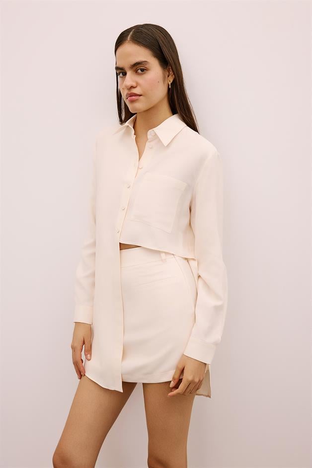 Asymmetric Detailed Long Ecru Shirt