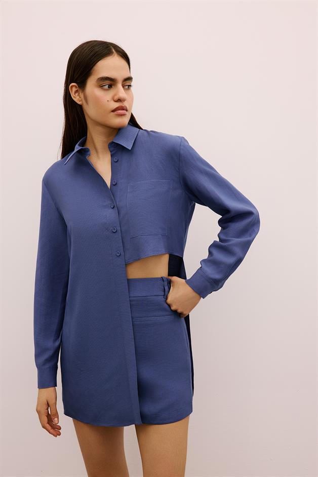 Asymmetric Detailed Long Indigo Shirt