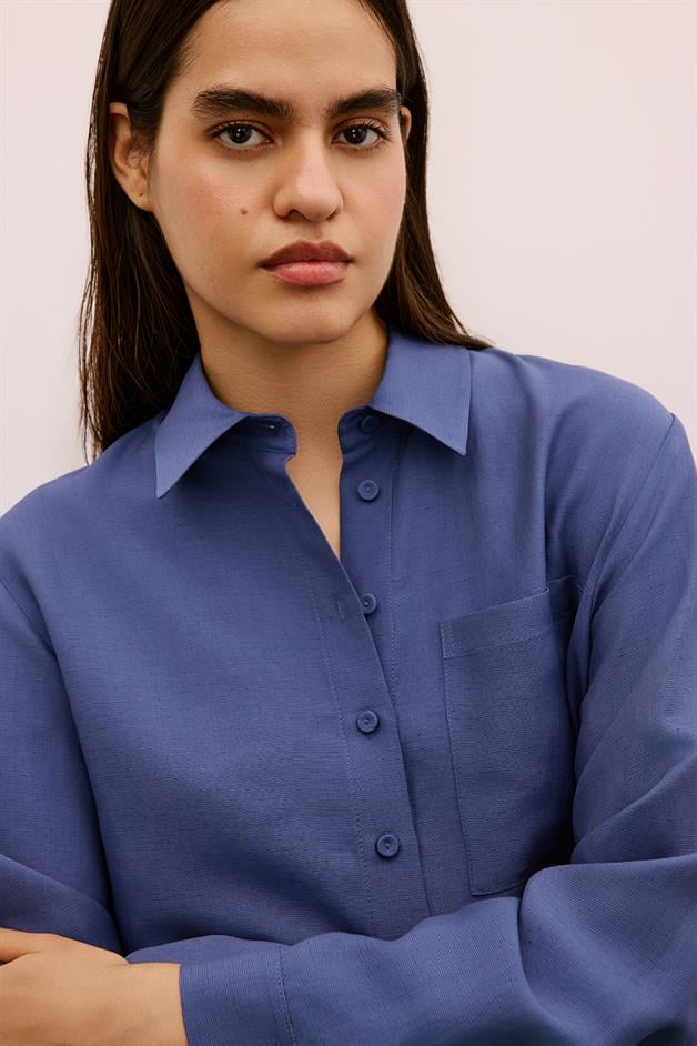Asymmetric Detailed Long Indigo Shirt