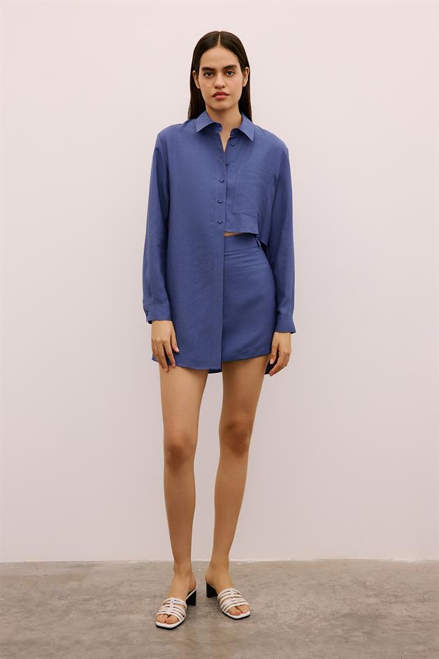 Asymmetric Detailed Long Indigo Shirt