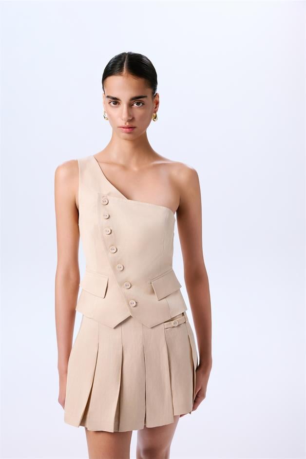 Asymmetric Closure One Shoulder Beige Vest  