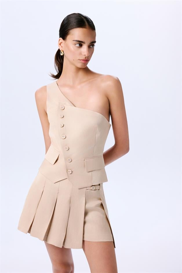 Asymmetric Closure One Shoulder Beige Vest  
