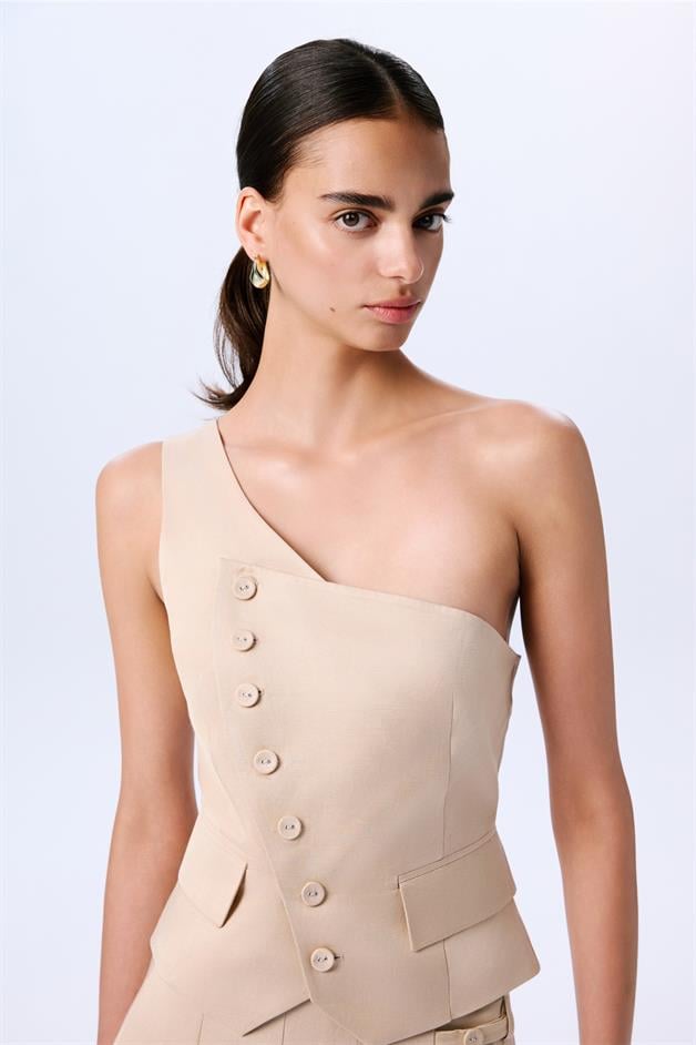 Asymmetric Closure One Shoulder Beige Vest  