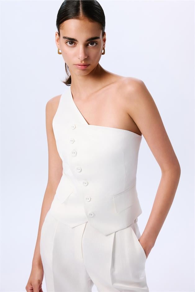 Asymmetric Closure One Shoulder Ecru Vest  