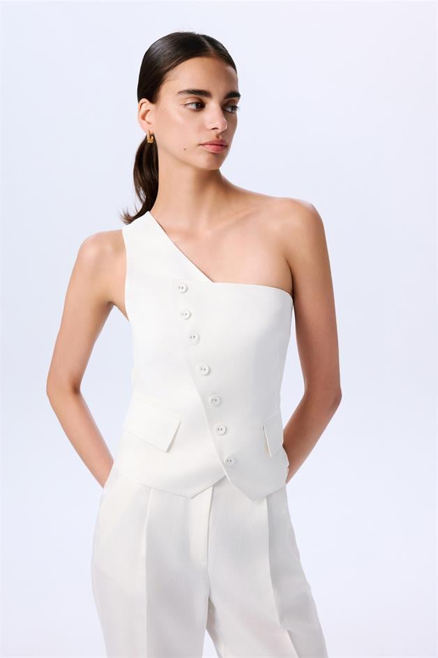 Asymmetric Closure One Shoulder Ecru Vest  