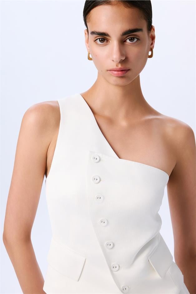 Asymmetric Closure One Shoulder Ecru Vest  