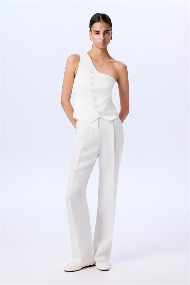 Asymmetric Closure One Shoulder Ecru Vest  