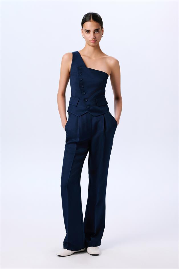 Asymmetric Closure One Shoulder Navy Vest  