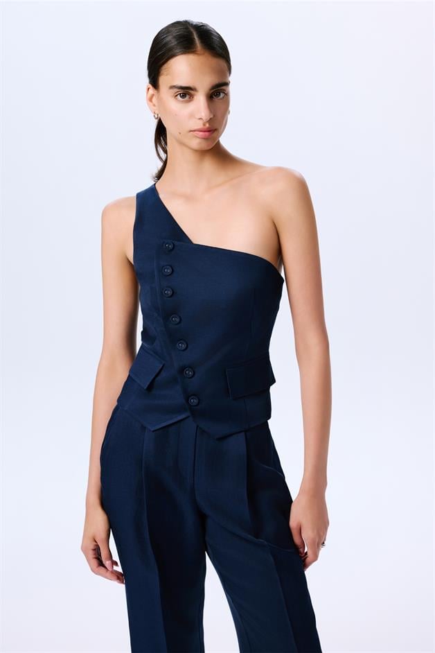 Asymmetric Closure One Shoulder Navy Vest  