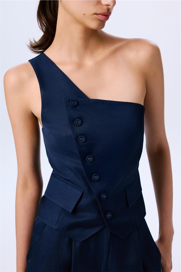 Asymmetric Closure One Shoulder Navy Vest  