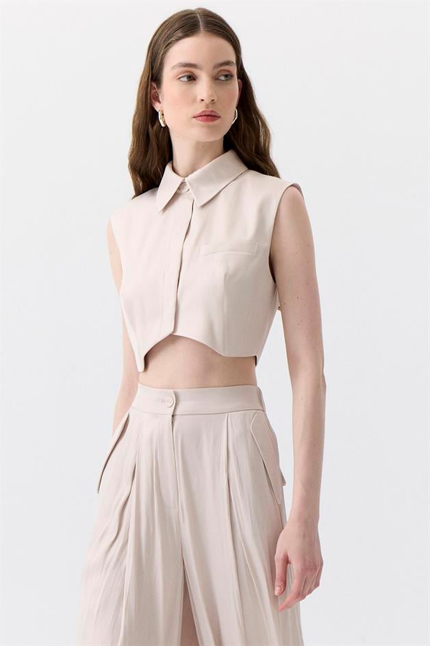 Asymmetric Cut Sleeveless Ecru Blouse