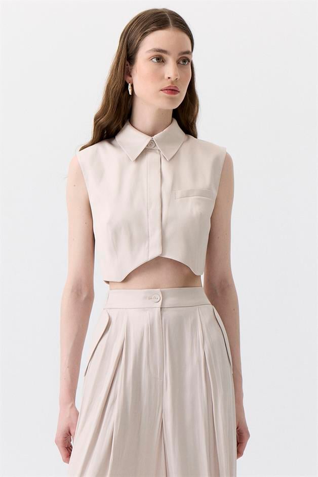Asymmetric Cut Sleeveless Ecru Blouse