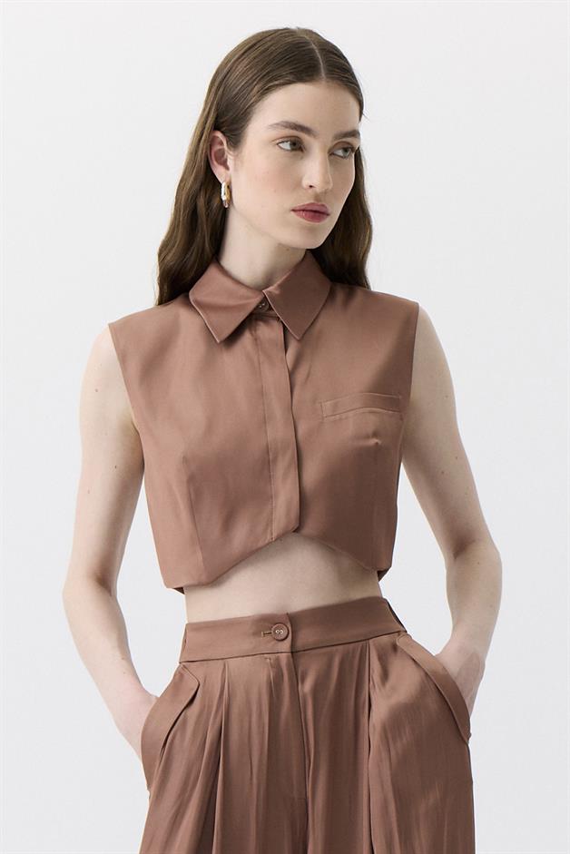 Asymmetric Cut Sleeveless Brown Blouse