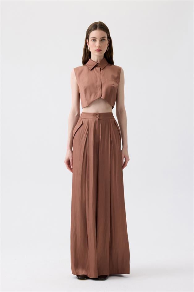 Asymmetric Cut Sleeveless Brown Blouse