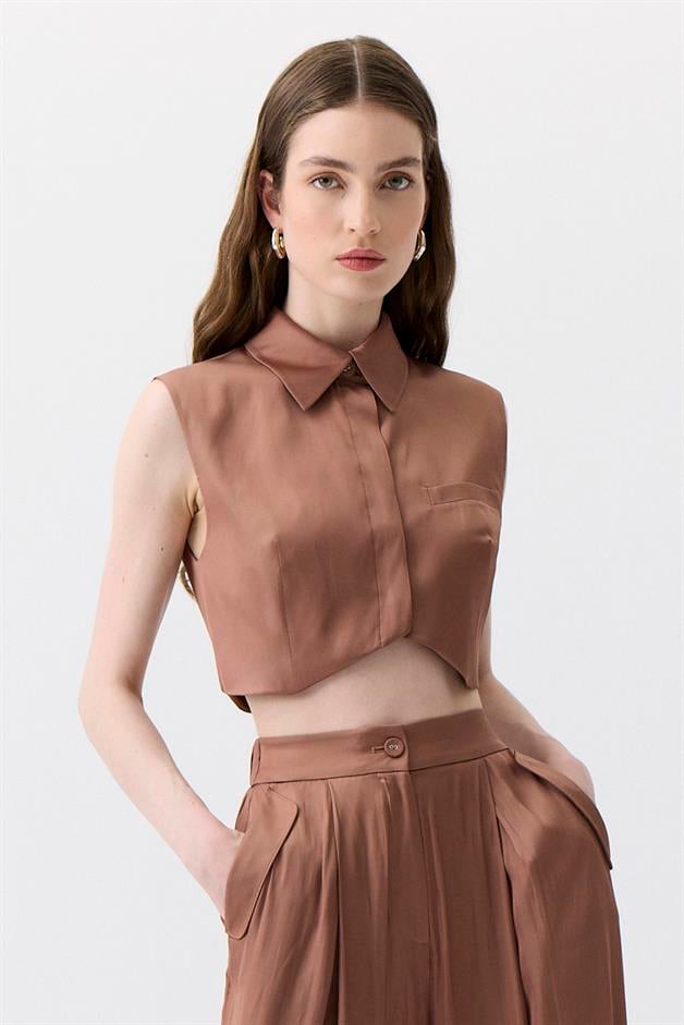 Asymmetric Cut Sleeveless Brown Blouse