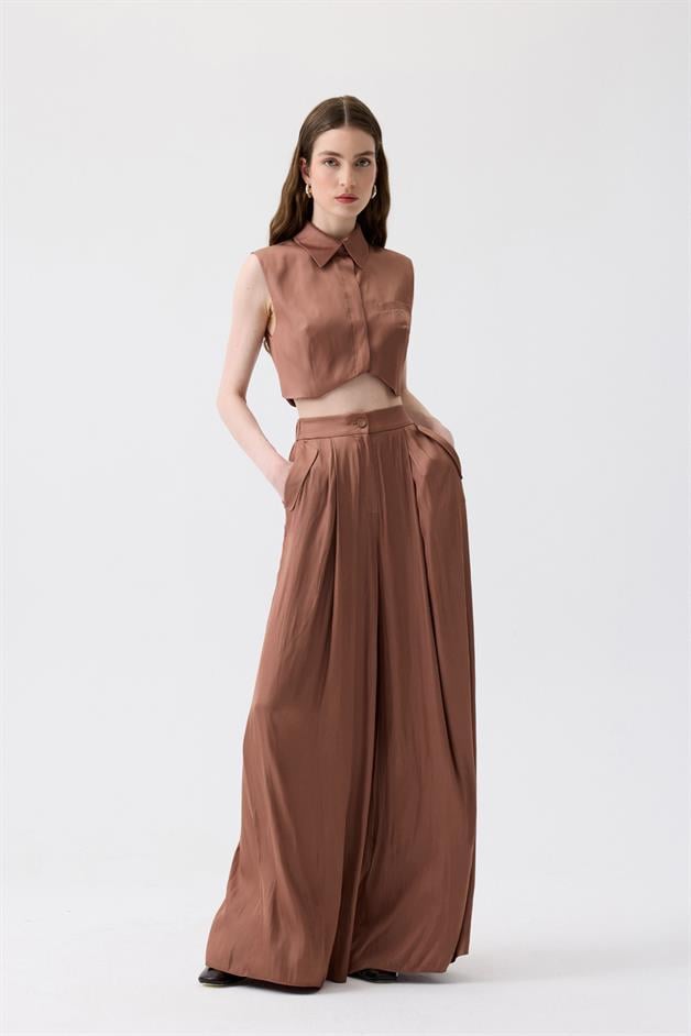 Asymmetric Cut Sleeveless Brown Blouse