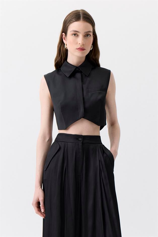 Asymmetric Cut Sleeveless Black Blouse
