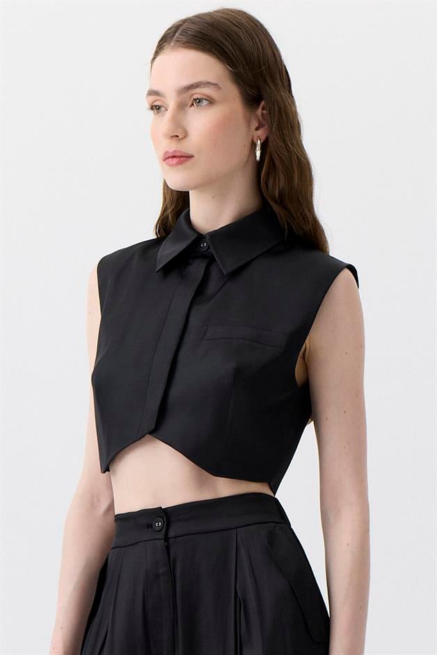 Asymmetric Cut Sleeveless Black Blouse