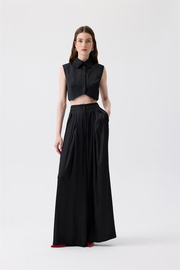 Asymmetric Cut Sleeveless Black Blouse
