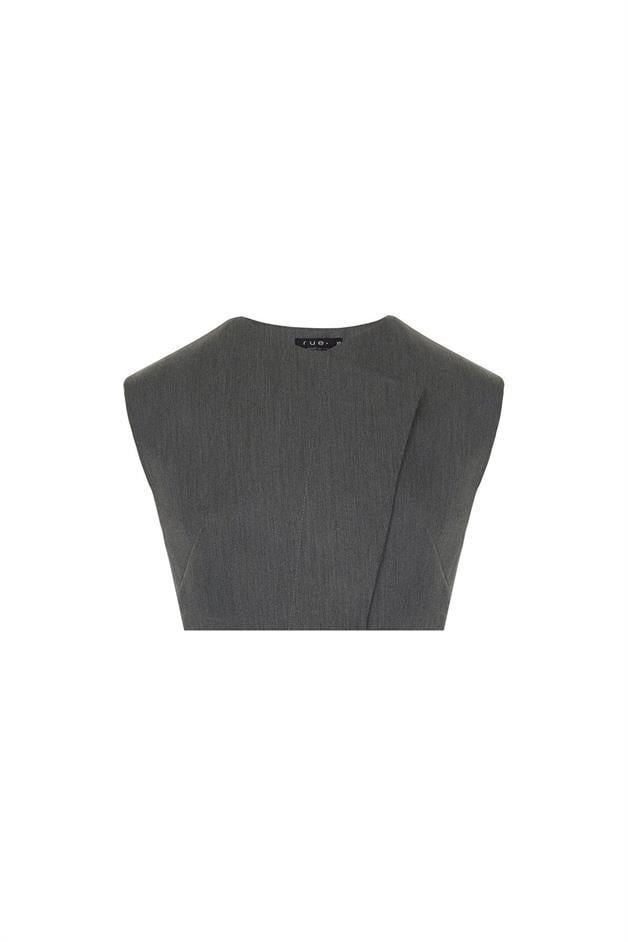 Asimetrik Yaka Kolsuz Gri Crop Bluz