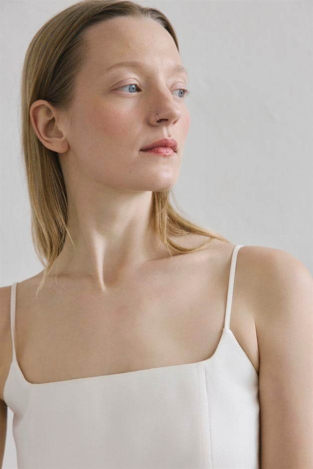 Sleeveless Back Zipper Ecru Blouse