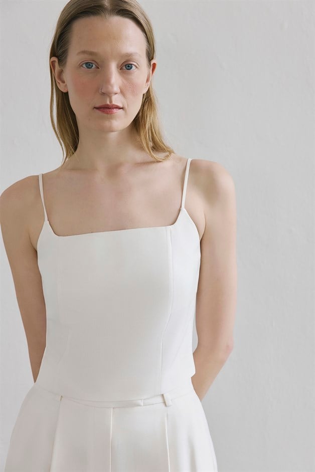 Sleeveless Back Zipper Ecru Blouse