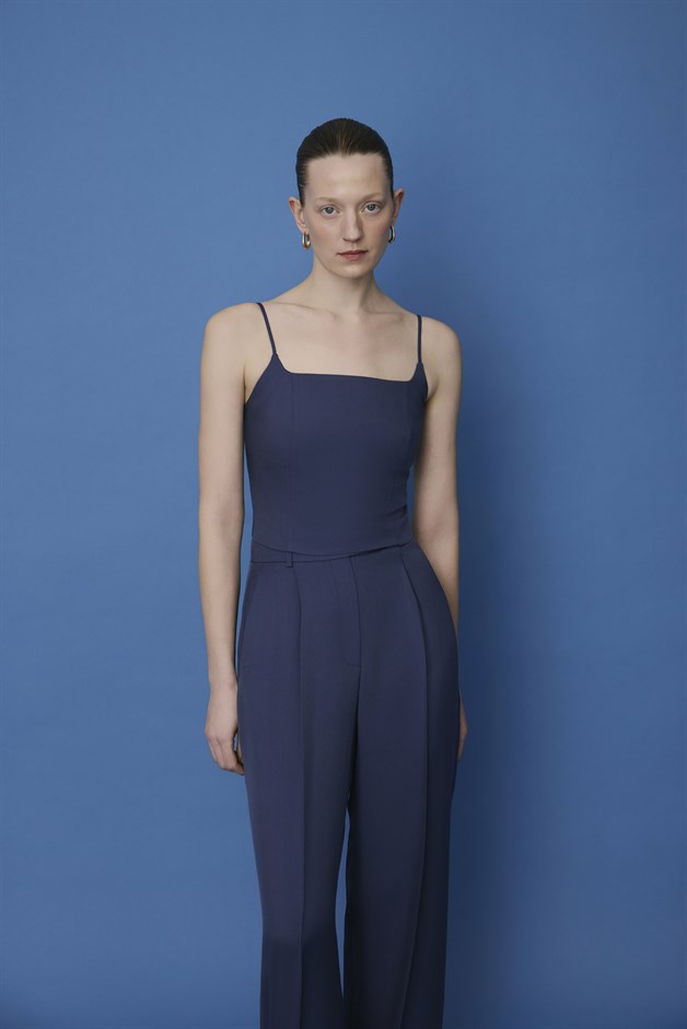 Sleeveless Back Zipper Navy Blouse