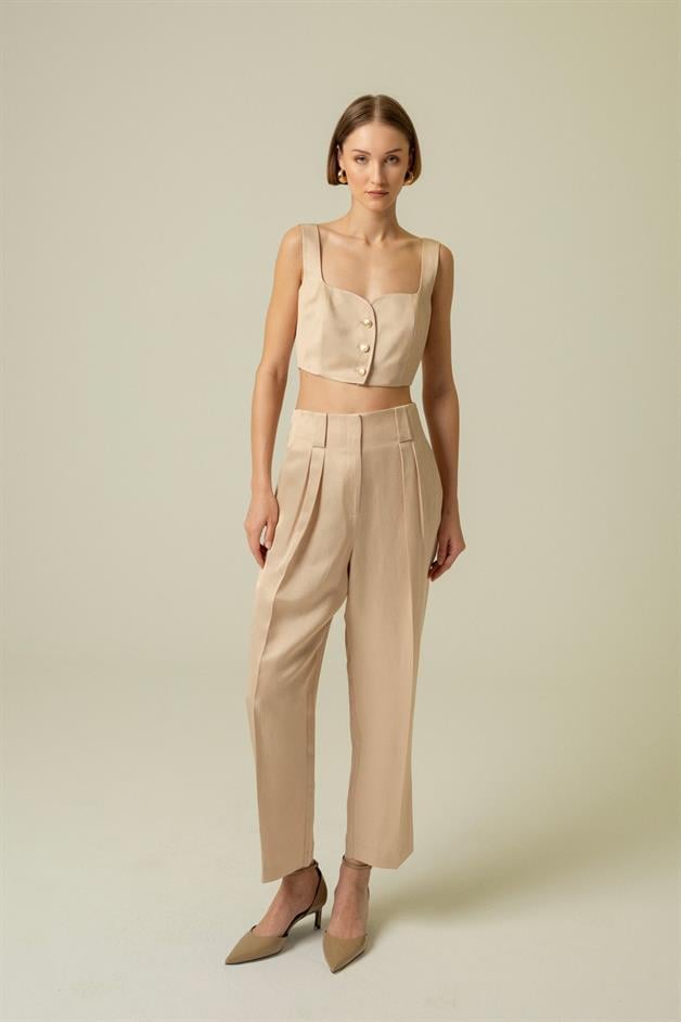 Strapped Gold Button Detail Beige Crop Top