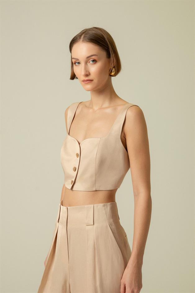 Strapped Gold Button Detail Beige Crop Top