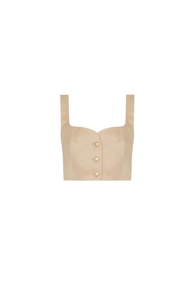 Strapped Gold Button Detail Beige Crop Top