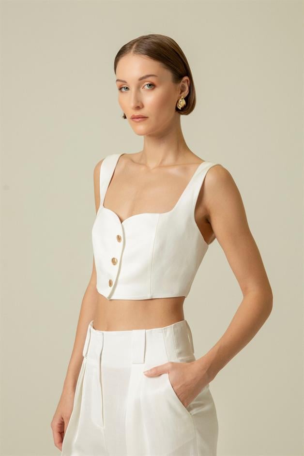 Strapped Gold Button Detail Ecru Crop Top