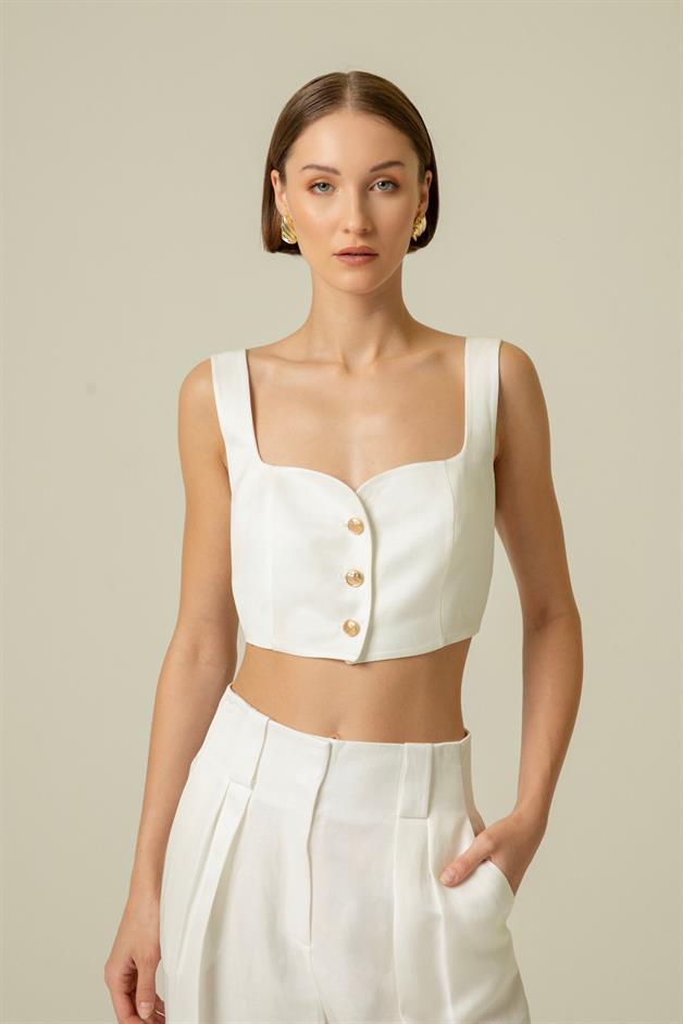 Strapped Gold Button Detail Ecru Crop Top