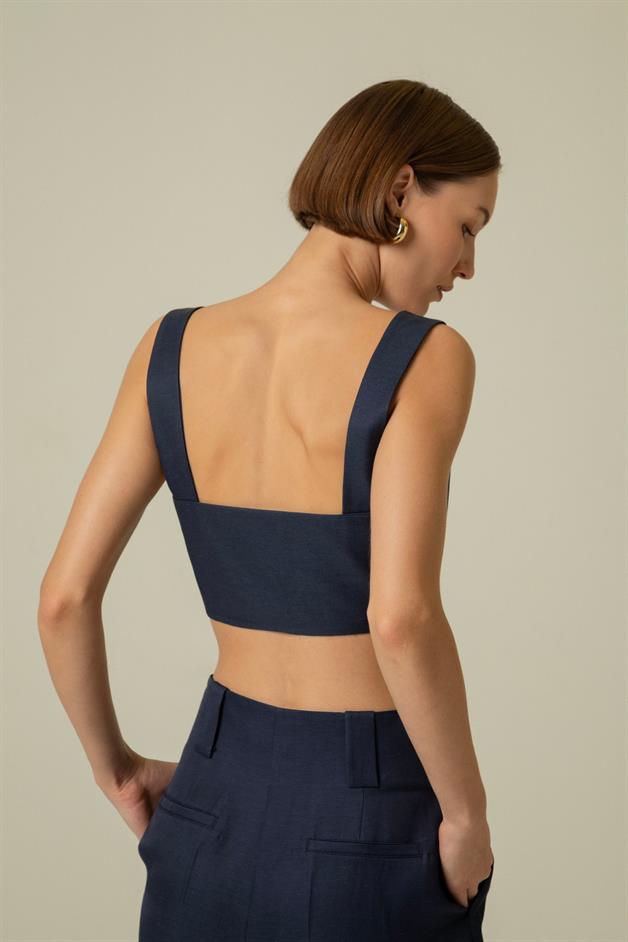 Strapped Gold Button Detail Navy Blue Crop Top
