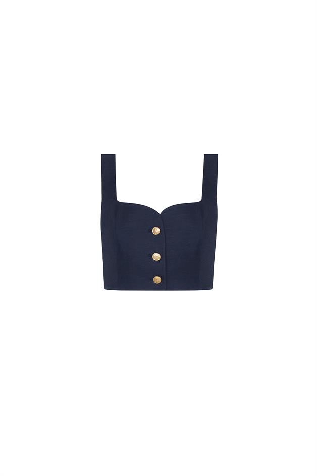 Strapped Gold Button Detail Navy Blue Crop Top