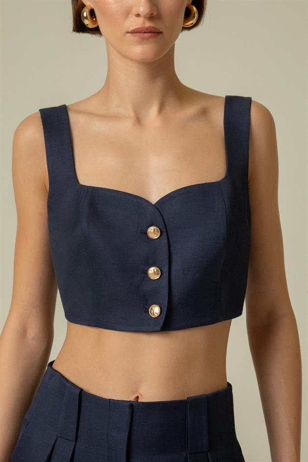 Strapped Gold Button Detail Navy Blue Crop Top