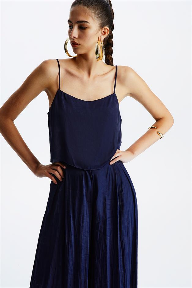 Askılı Lacivert Saten Top