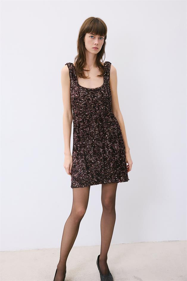 Askılı Payet Mini Bordo Elbise