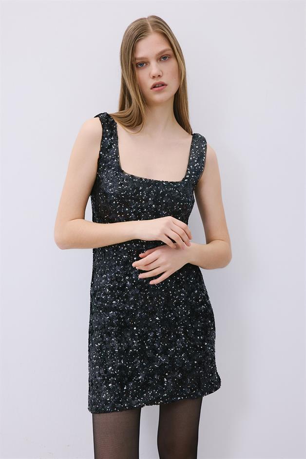 Askılı Payet Mini Siyah Elbise