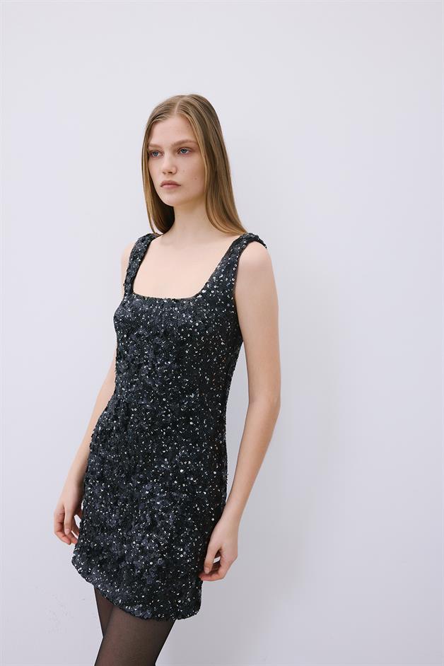 Askılı Payet Mini Siyah Elbise