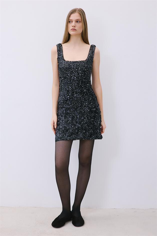 Askılı Payet Mini Siyah Elbise