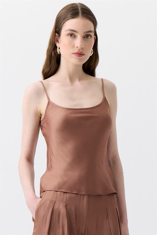 Strappy Ribbon Band Detail Brown Blouse