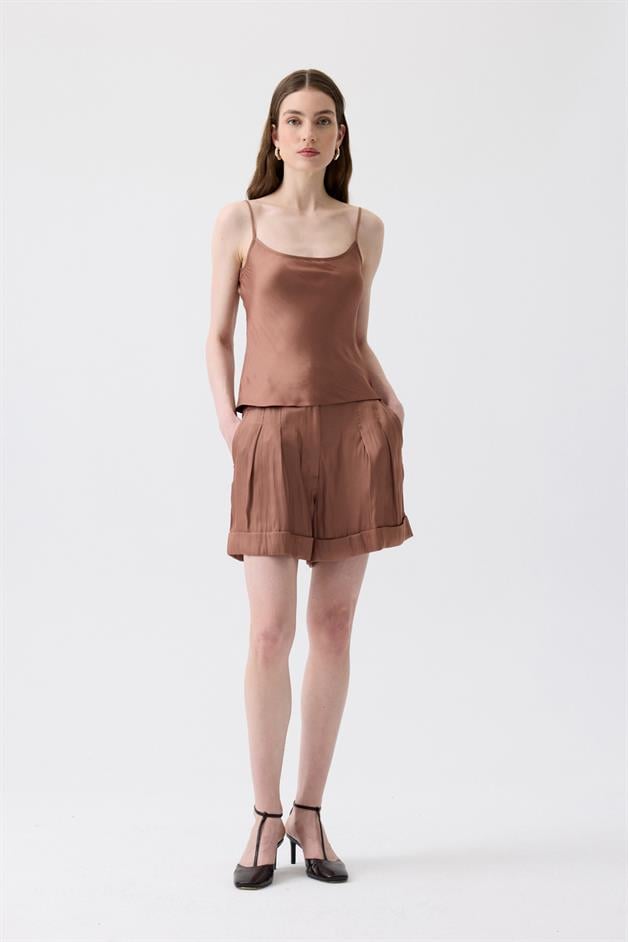 Strappy Ribbon Band Detail Brown Blouse