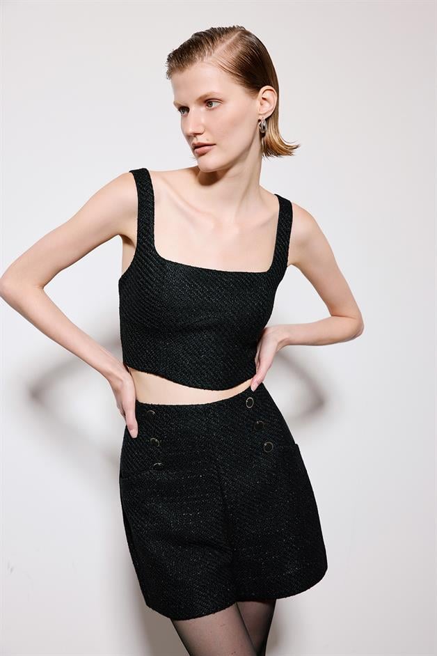 Black Tweed Strappy Crop Bustier