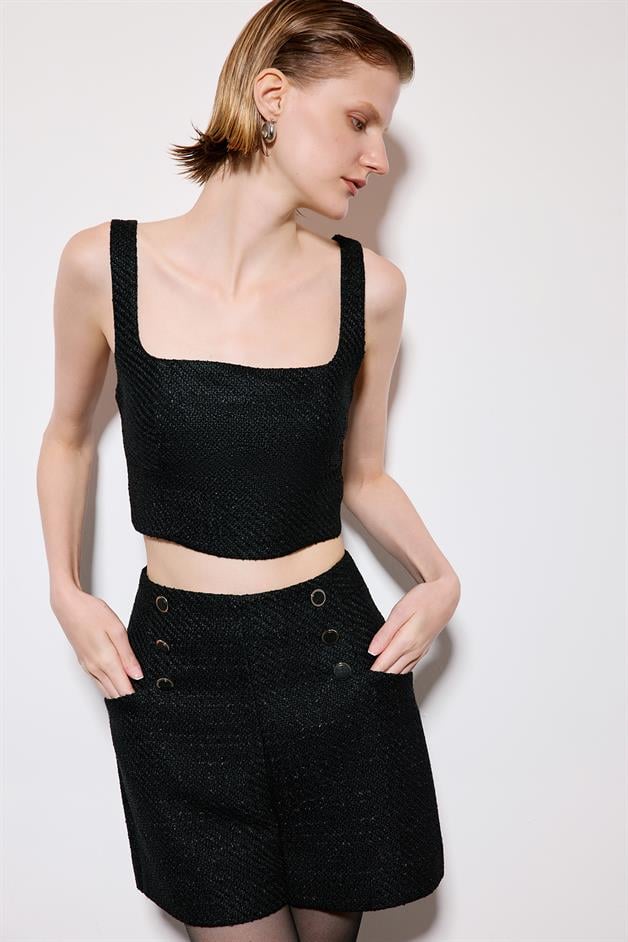 Black Tweed Strappy Crop Bustier