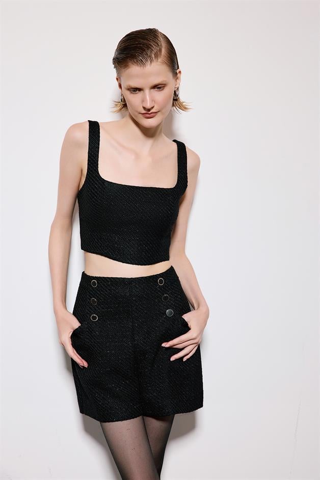 Black Tweed Strappy Crop Bustier