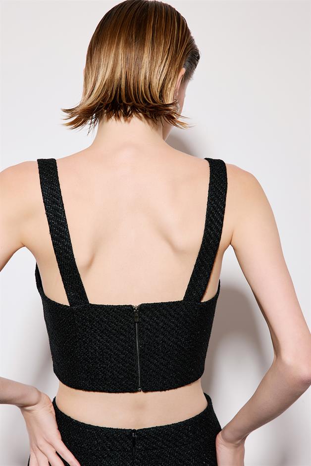 Black Tweed Strappy Crop Bustier