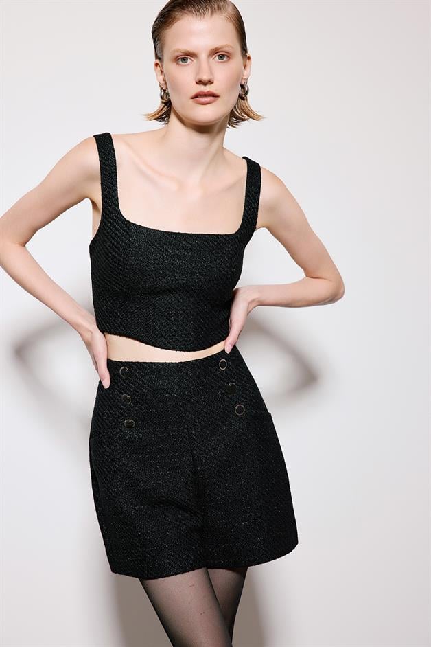 Black Tweed Strappy Crop Bustier