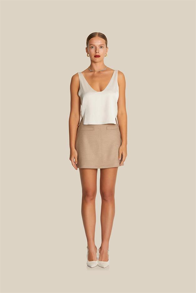 Sleeveless V Neck Beige Blouse