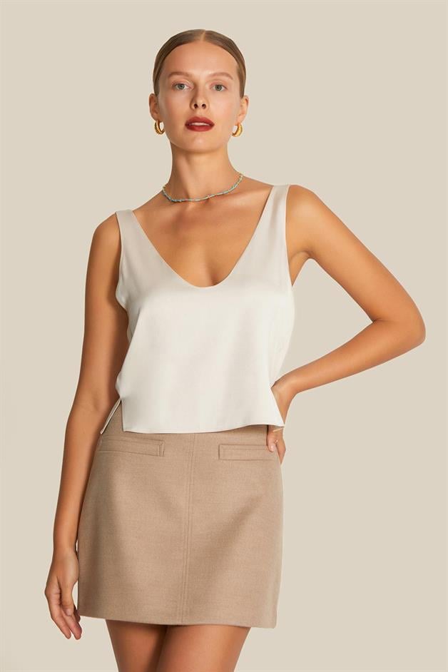 Sleeveless V Neck Beige Blouse